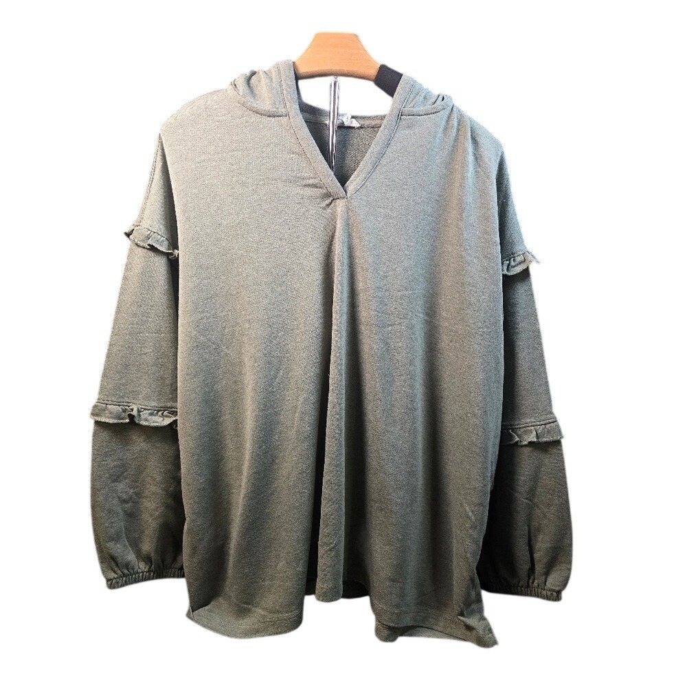 Como Blu Olive Green Ruffle Sleeve V-Neck Hoodie Sweatshirt Womens 1X
